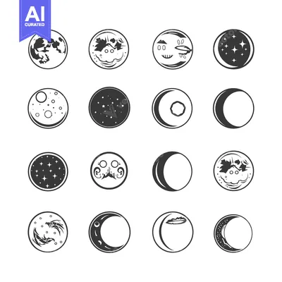 Aset premium populer: A Collection of 16 Unique Moon Icons in a Black and White Aesthetic