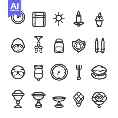 Aset premium populer: A Collection of 18 Line Art Icons of Various Objects