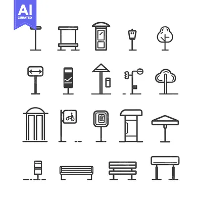 A Collection of 18 Line Drawings Depicting Various Street Furniture El