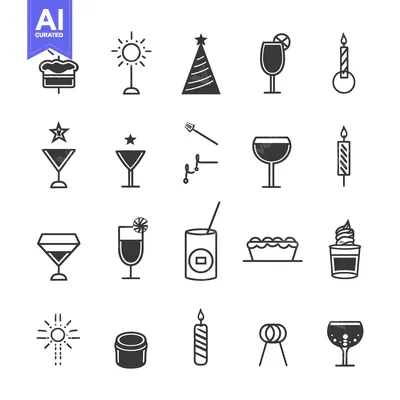 Aset desain premium: A Collection of 20 Birthday Party Icons in Black and White