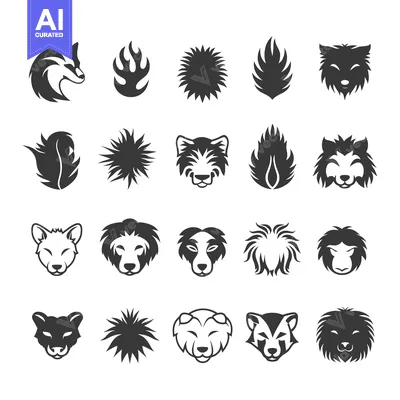 Aset desain premium: A Collection of 20 Black and White Animal Head and Abstract Icons