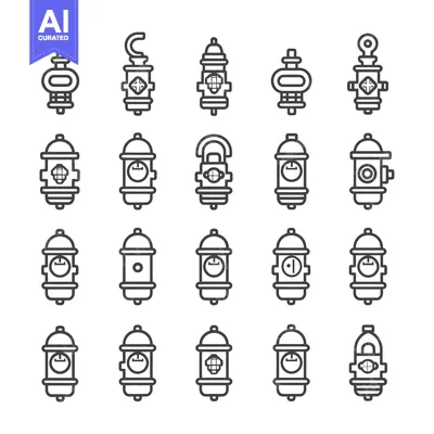 Aset premium populer: A Collection of 20 Black and White Fire Hydrant Line Art Illustrations