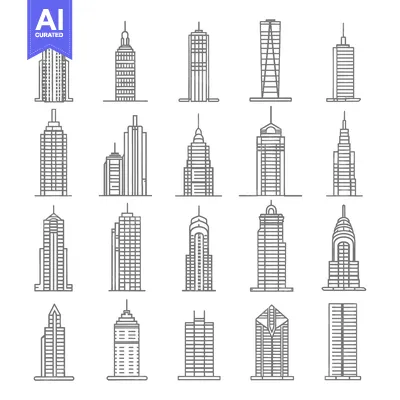 Aset desain premium: A Collection of 20 Different Skyscraper Building Line Art Illustration