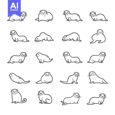 Aset premium populer: A Collection of 20 Hand-Drawn Otter Illustrations in Various Poses