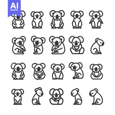 Aset premium populer: A Collection of 20 Koala Bear Line Drawings in Various Poses