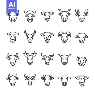 Premium design asset: A Collection Of 20 Line Drawings Of Cow And Goat Heads 39009