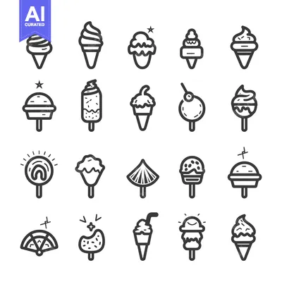 A Collection of 20 Line Drawings of Different Types of Ice Cream
