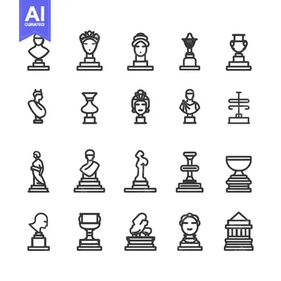 Aset desain premium: A Collection of 20 Line Drawings of Statues and Trophies