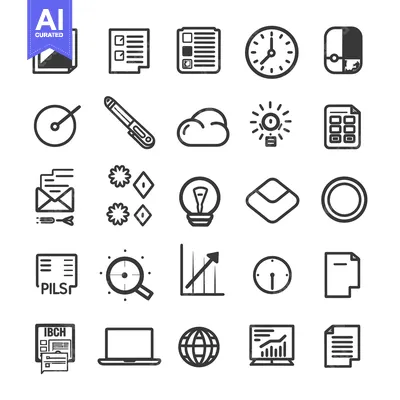 Aset desain premium: A Collection of 24 Black and White Line Icons for Business and Technol