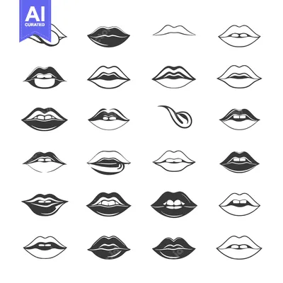 A Collection of 24 Black and White Mouths with Various Expressions