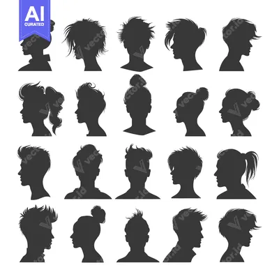 Aset premium populer: A Collection of 24 Diverse Hairstyle Silhouettes in Profile