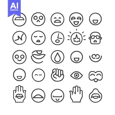 A Collection of 24 Line Art Emojis Depicting Various Expressions and A