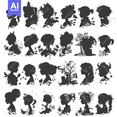 Aset desain premium: A Collection of 24 Silhouettes of Girls with Floral and Nature Element