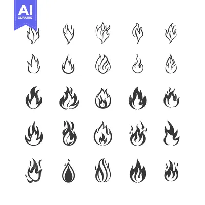 Aset desain premium: A Collection of 25 Black and White Fire Flame Icons