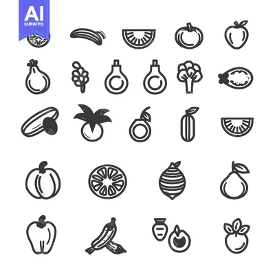 Aset premium populer: A Collection of 25 Black and White Hand-Drawn Fruit and Vegetable Icon