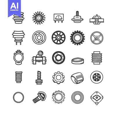 Aset desain premium: A Collection of 25 Black and White Industrial Machine Part Icons