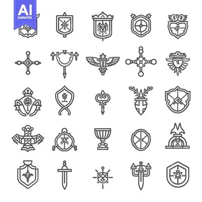 Aset desain premium: A Collection of 25 Black and White Line Art Heraldic Icons