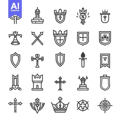 Premium design asset: A Collection of 25 Black and White Line Art Heraldry and Royalty Icons