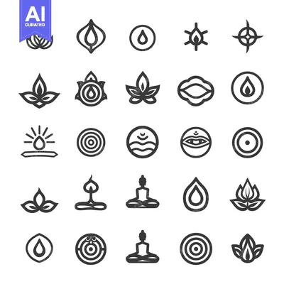 A Collection of 25 Black and White Line Art Icons Representing Meditat