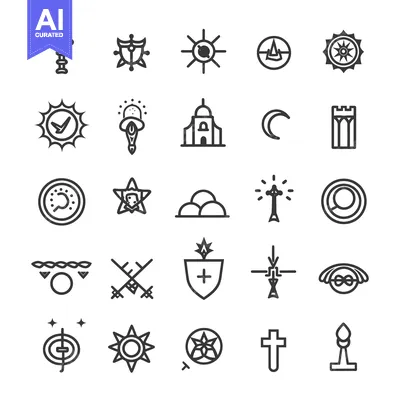 A Collection of 25 Black and White Line Art Religious Symbols