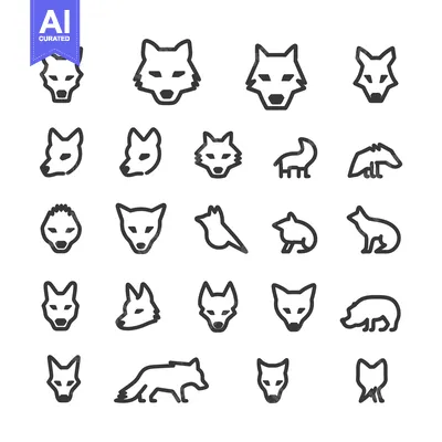Aset desain premium: A collection of 25 black and white outline illustrations of wolves and