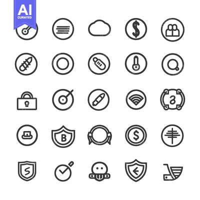 A Collection of 25 Circular Icons with Black Outlines