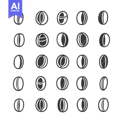 Aset desain premium: A Collection Of 25 Different Black And White Coffee Bean Icons 31434