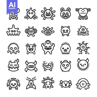 Aset desain premium: A Collection of 25 Diverse and Stylized Monster Icons