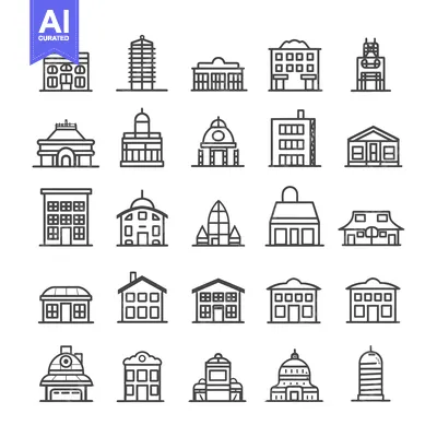 Aset desain premium: A Collection of 25 Hand-Drawn Building Outline Icons