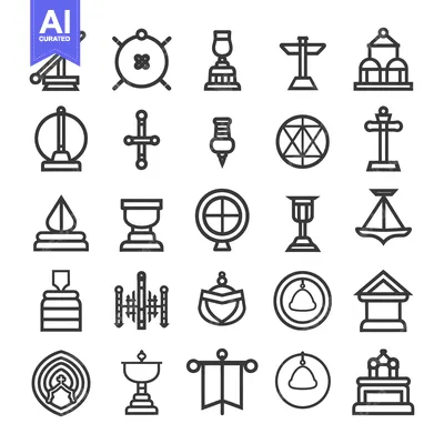A Collection of 25 Line Art Icons Depicting Religious and Spiritual Sy