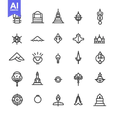 A Collection of 25 Line Art Icons Depicting Various Religious Symbols