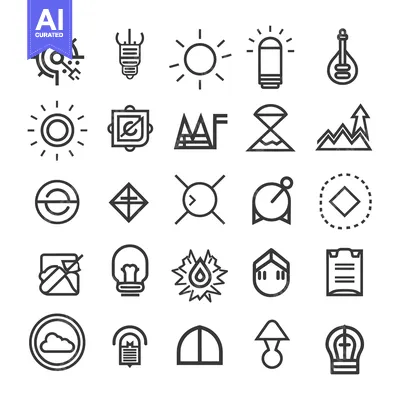 Premium design asset: A Collection of 25 Line Art Icons Featuring Light Bulbs, Sun, and Geom