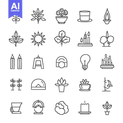 Aset desain premium: A Collection of 25 Line Art Icons Representing Plants, Flowers, and Ca