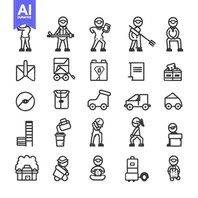 Aset desain premium: A Collection of 25 Line Art Illustrations Depicting Various Jobs and A