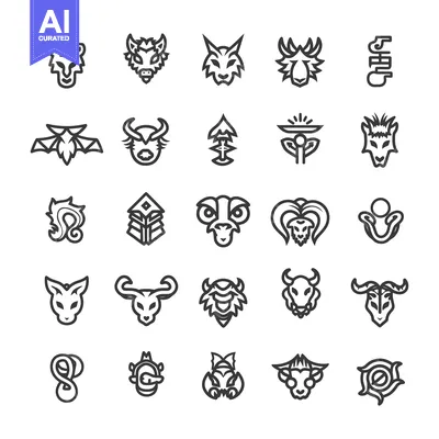 Aset premium populer: A Collection of 25 Line Drawings of Fantasy Creatures and Symbolic Des