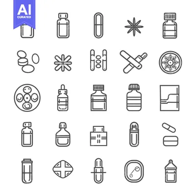 Aset desain premium: A Collection of 25 Line Drawings of Medicine and Supplements