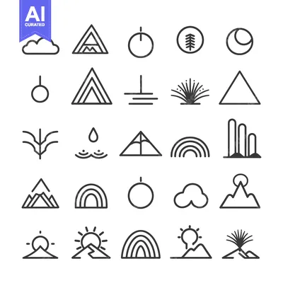 Aset premium populer: A Collection of 25 Minimalist Line Art Icons Depicting Nature Elements