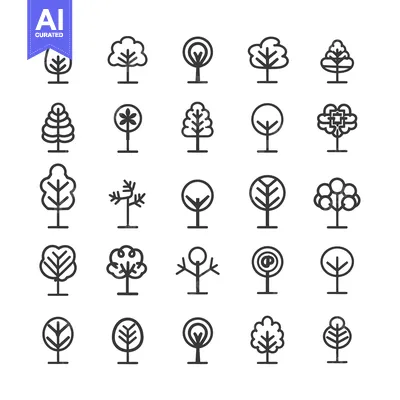 Aset premium populer: A Collection of 25 Unique Line Art Tree Icons
