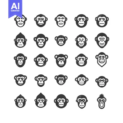 Aset premium populer: A Collection of 25 Unique Monkey Face Icons in Black and White