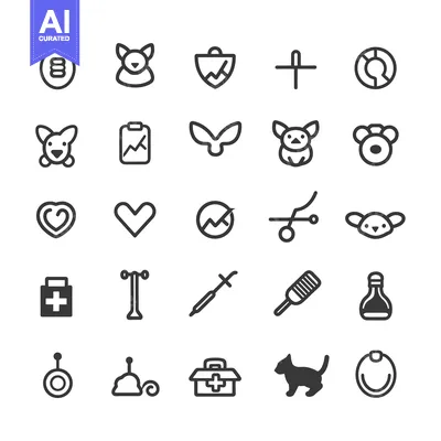 Premium design asset: A Collection of 28 Black and White Line Icons Related to Pet Care