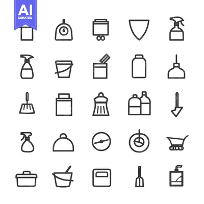 Aset premium populer: A Collection of 28 Cleaning Supplies and Household Items Line Icons