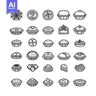 Premium design asset: A Collection of 28 Line Art Icons Depicting Various Pies and Pastries