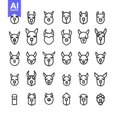 Aset premium populer: A collection of 30 black outline llama head icons