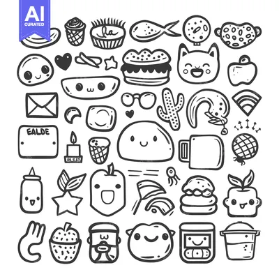 A Collection of 30 Doodle Icons with Cute Faces and Objects