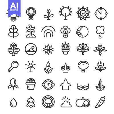 A Collection of 36 Line Art Icons Representing Nature, Plants, and Oth