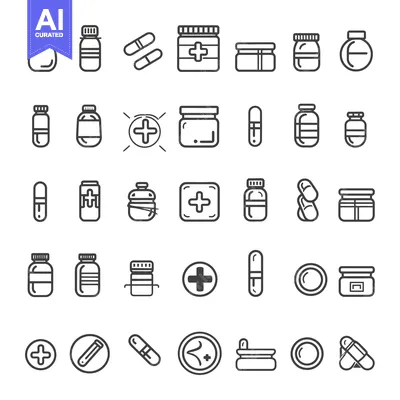 Aset desain premium: A Collection of 36 Line Art Illustrations Depicting Various Medical an