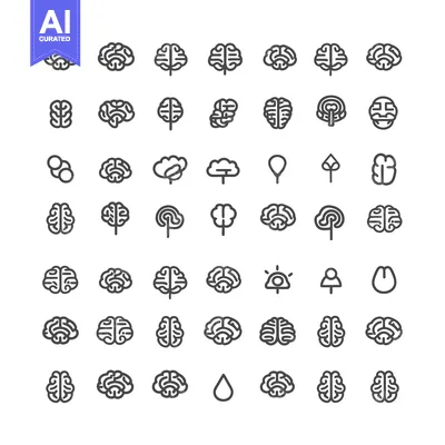 A Collection of 48 Brain-Themed Icons Featuring Variations in Style an