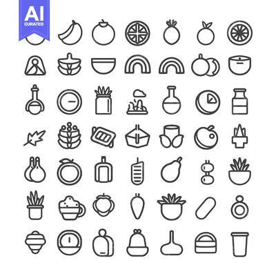 Aset desain premium: A Collection of 48 Line Drawings of Fruits, Plants, and Other Objects