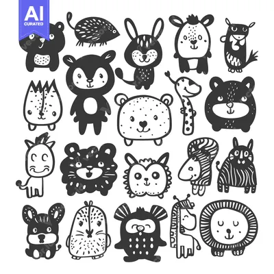 Premium design asset: A Collection of Adorable Black and White Hand-Drawn Animal Illustratio