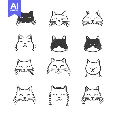 Aset desain premium: A Collection of Adorable Hand-Drawn Cat Faces with Varying Fur Styles